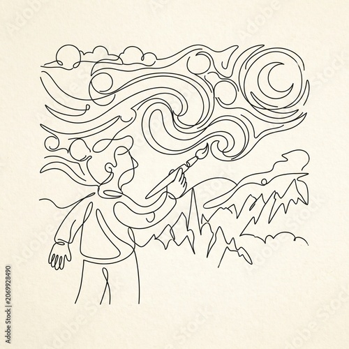Man playing flute with swirling wind.