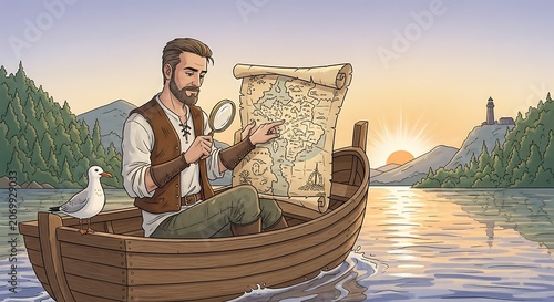 Man in a wooden boat on a serene river at sunrise.