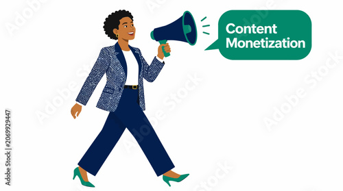 Businesswoman holding megaphone for content monetization.
