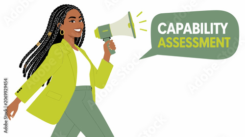 Woman with megaphone announcing capability assessment.