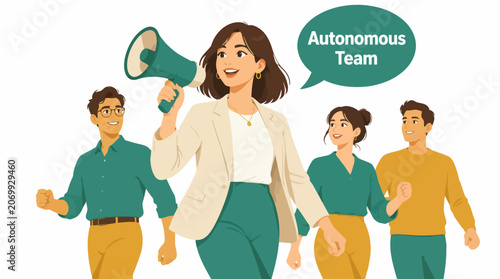 Confident businesswoman leading a diverse team forward.