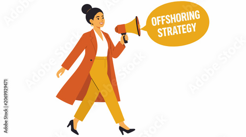 Woman in orange coat holding megaphone for offshoring strategy.