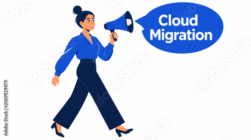 Woman with megaphone announcing cloud migration concept.