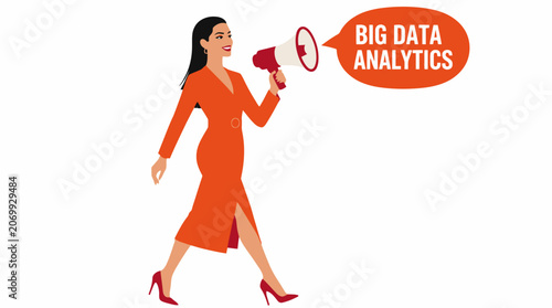 Woman in orange dress holding megaphone for big data analytics.