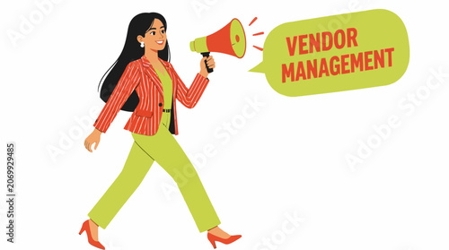 Woman with megaphone promoting vendor management concept.