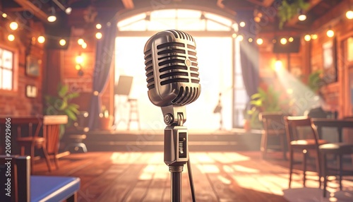 A stage microphone in a jazz club, with lighting, brick walls, and a warm atmosphere. The stage is in view
