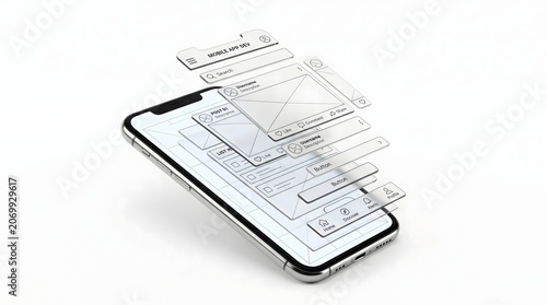 Minimalist 3D smartphone with blank screen and floating design elements on white background