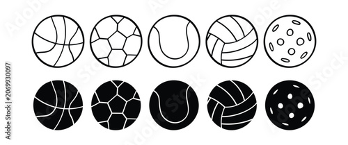 Foto Pickleball Icon Set – Paddle Racket, Ball, Crossed Paddles, Sports Equipment, Ou