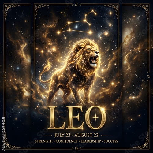 Luxury Leo Zodiac Sign Poster with Golden Lion, Glowing Constellation and Cosmic Galaxy Background. 