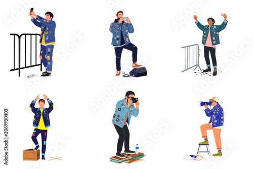 Six illustrations of young men in patch-decorated denim jackets capturing moments at a live music concert with smartphones and professional cameras.