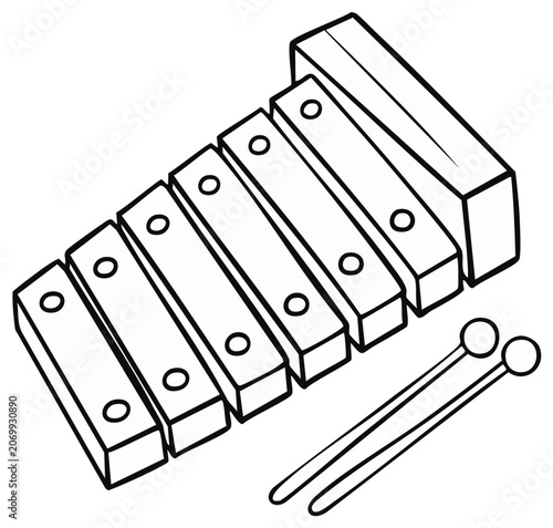 Illustration of a xylophone with mallets ready for play in minimalist black and white style