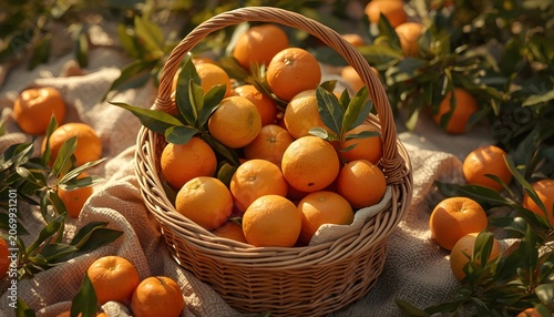 Fresh harvested oranges in a wicker basket in a sunny orchard