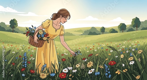 Woman in floral dress holding bicycle in meadow.