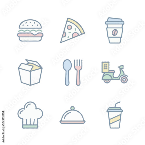 Food delivery icons set: pizza, burger, coffee, scooter
