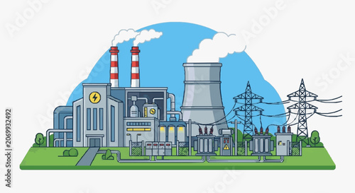 Bild auf Leinwand Industrial Power Plant Complex Sketch.