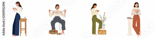 Quadro su tela Set of four minimalist flat illustrations showing young women handcrafting jewelry and making bead necklaces in an elegant workshop setting