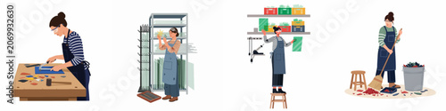 Foto Set of illustrations depicting women working in a glass studio, cutting pieces, organizing sheets on shelves, and cleaning up fragments