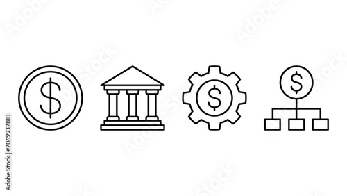 Photos Financial icons including coin, bank, gear, and money flow
