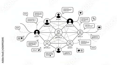 Interconnected human network illustration minimalist style black and white concept diagram