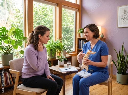 Physiotherapist Explaining Cervical Spine Model to Neck Pain Patient