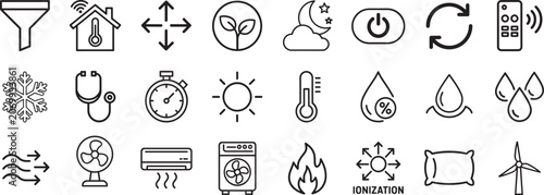 Collection of modern line icons representing climate control and smart home technology functions