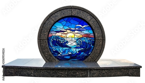 A stained-glass artwork, framed by stone, depicting a sunset over ocean waves. It is mounted on a raised platform