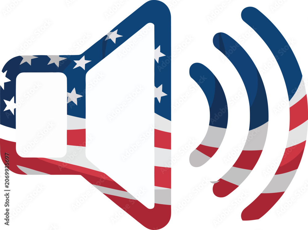 Obraz premium Speaker volume with american flag pattern, red white and blue stripes and stars isolated on white background