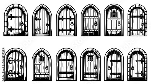 Set of medieval wooden doors with metal details and arches