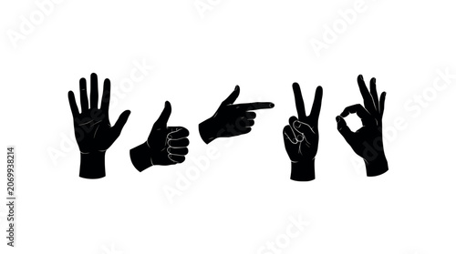 Set of black hand gestures icons showing different meanings silhouettes isolated on transparent background for your creative design.