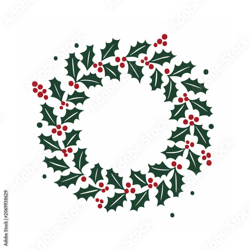 Flat Holly Wreath with Berries Vector Illustration