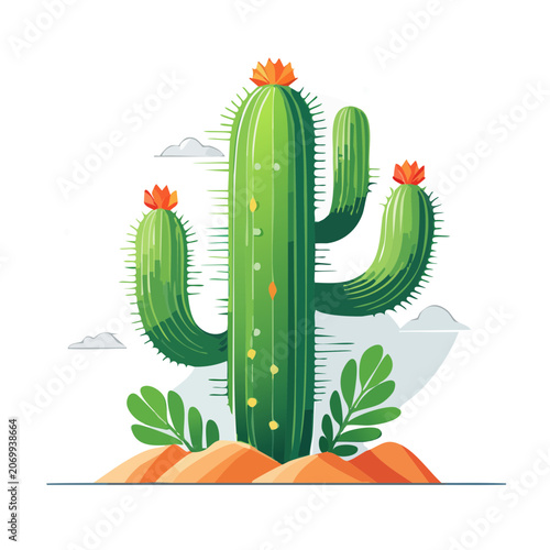 Flat illustration of a blooming cactus in desert