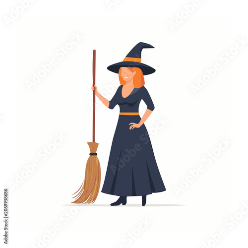 Flat illustration of a witch with broomstick