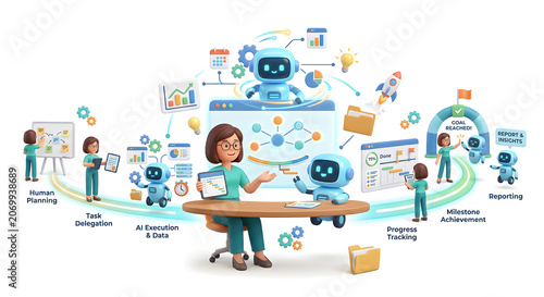 Human and AI Project Management Workflow. 3D Illustration Concept.