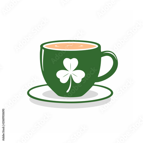 Green cup with shamrock on saucer, flat vector illustration