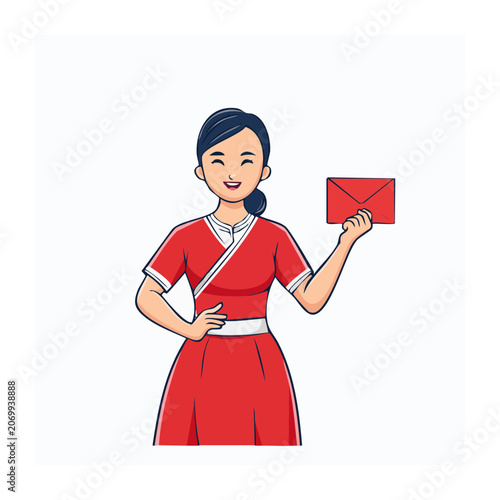 Woman in red dress holding red envelope illustration
