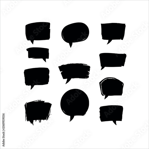 Set of black ink brush stroke speech bubbles, various shapes and textures on transparent background.