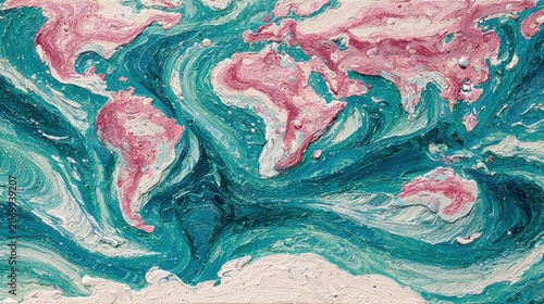 Abstract Artistic Representation of World Map with Vibrant Swirls and Textures in Blue and Pink Color Palette