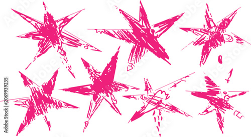 A collection of various hand-drawn, messy scribble star shapes in vibrant magenta pink, featuring a realistic crayon or colored pencil texture isolated on a white background.