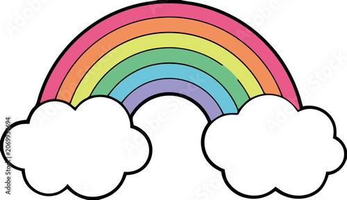 Colorful rainbow illustration featuring two fluffy white clouds in a minimalist vector style colorful spectrum illustration meteorology happiness childhood isolated meteorological phenomenon