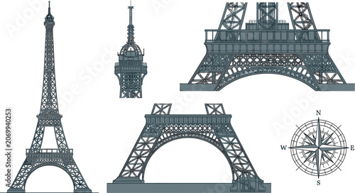 Schilderij op canvas Detailed Eiffel Tower Architectural Plan Set with Close Up Views of Structural P