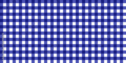 Classic blue and white gingham seamless pattern background. Traditional checkered geometric design for picnic tablecloth, vintage fashion textile, wrapping paper, and digital crafts.