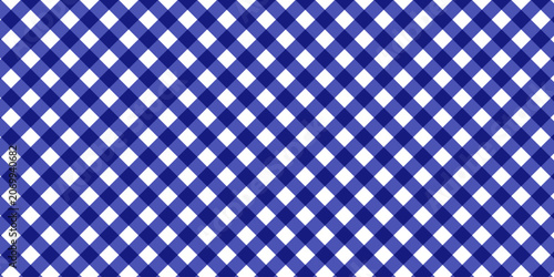 Seamless diagonal blue and white gingham pattern texture. Classic checkered geometric background for picnic tablecloth and textile.