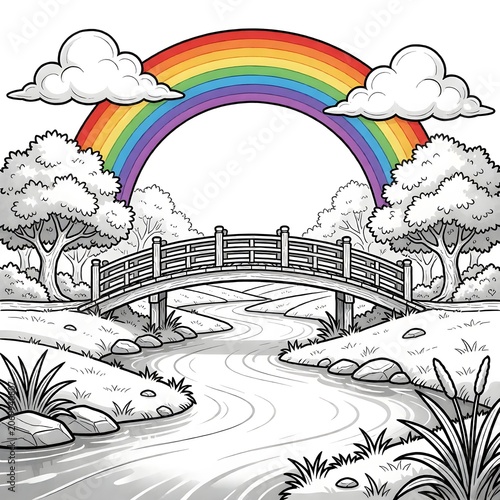 A colorful rainbow arches over a serene wooden bridge spanning a gentle river in a cartoon-style nature landscape, with trees, clouds, rocks and grassy banks creating a whimsical, peaceful scene
