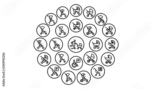 Quadro em tela Modern Baby Pram and Stroller Icons with Parenting Transportation Symbols Vector