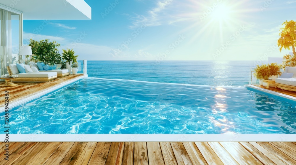 Fototapeta premium Modern Oceanfront Property Featuring Infinity Pool and Spacious Deck with Stunning Views