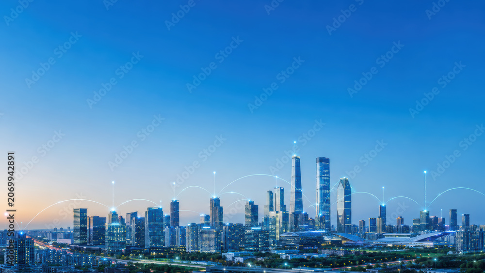 Fototapeta premium Connected smart city skyline with glowing digital communication network links