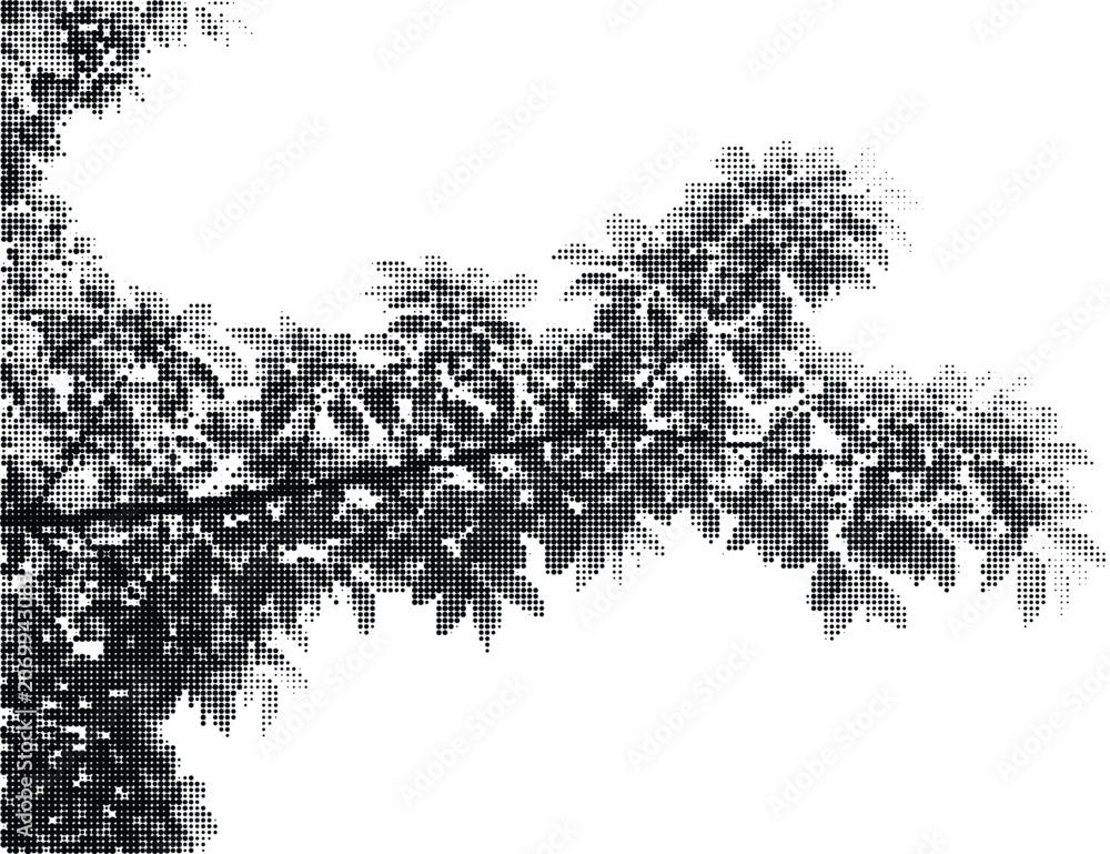 Fototapeta premium Close-up of tree branches and leaves rendered in a detailed halftone dot pattern, highlighting natural textures and intricate organic forms.