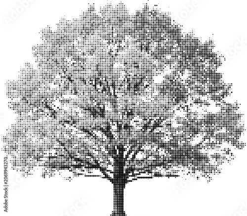 Canvas Print Halftone dot tree silhouette, black and white, nature art, arboreal design, abstract representation of a plant with full foliage