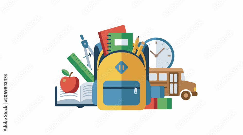 Naklejka premium Colorful school supplies in and around a yellow backpack