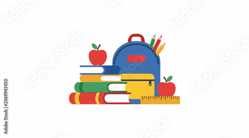 Colorful school supplies and books illustration with backpack
